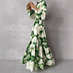 Maxi Dress Long Sleeve With V V For Women, Green Print, Waist Adjustment, Elegant Women's Party Dress, Summer, 2024 10 Main Sales Long Green Dress - №10