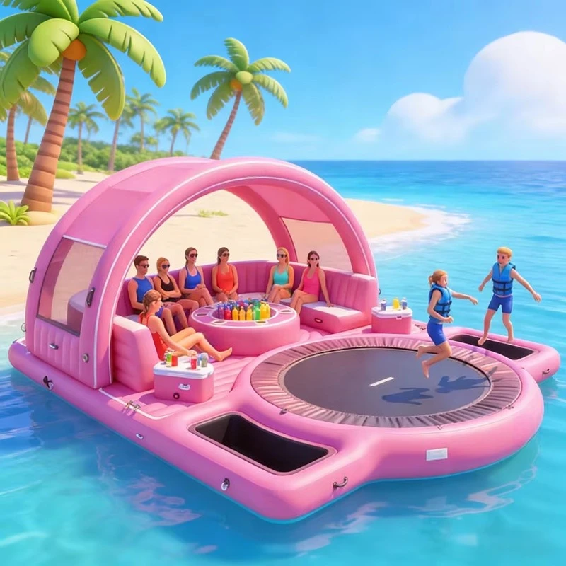 

uo-Factory Stock Wholesale 6-8 Person 540kg Load PVC Material Outdoor Use Inflatable Water Floating Boat Island with Tent%
