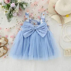 Summer New Girl Dress with Mesh Dress, Sweet Princess Dress, Flower Print Bow Birthday Party Dress (0-3 Year Old Girl)