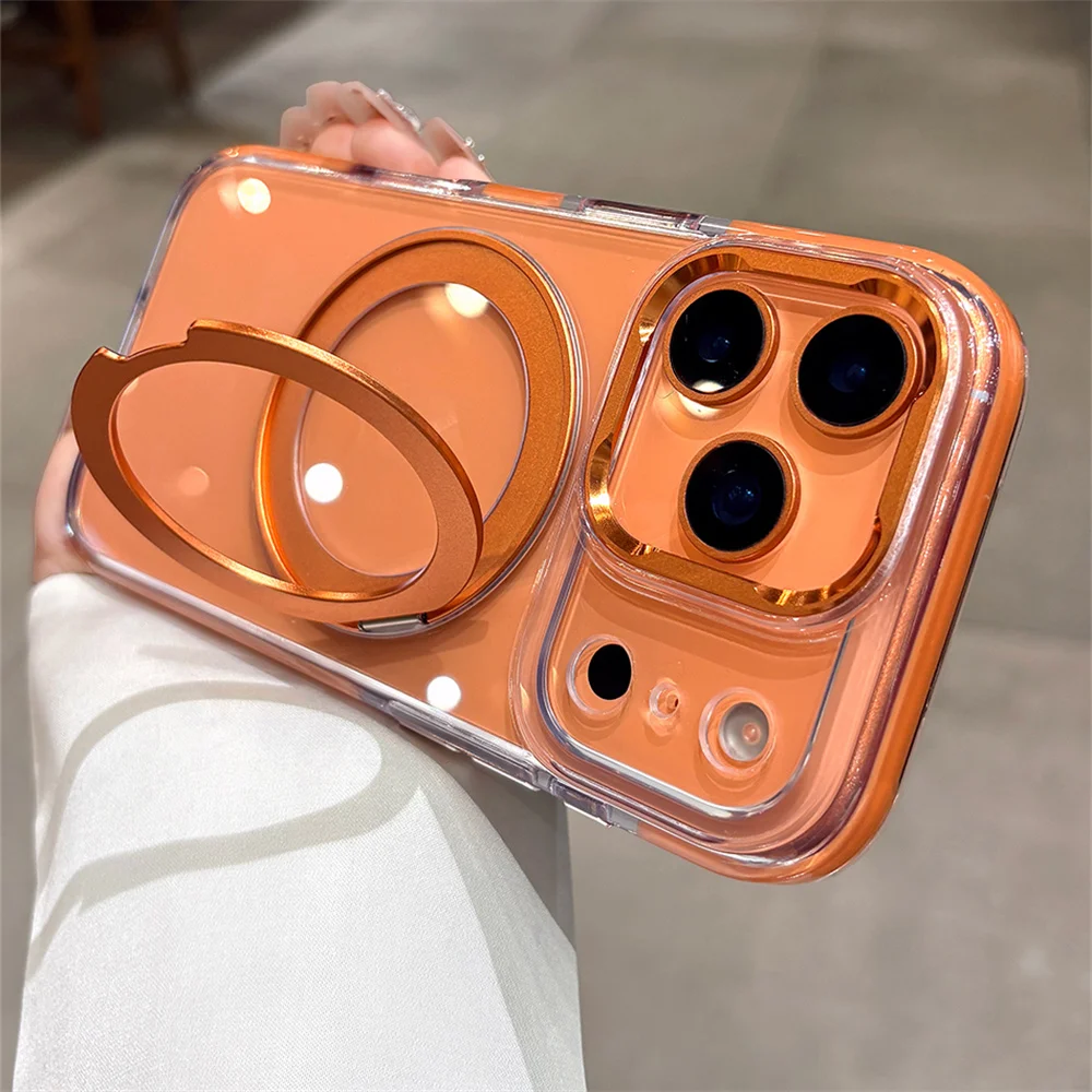Przezroczyste etui na telefon z magnetycznym uchwytem, wykonane z akrylu i stopu aluminium, do iPhone 15, 16, 17, 18 Pro Max, z obrotowym, składanym uchwytem. — zdjęcie produktu 2