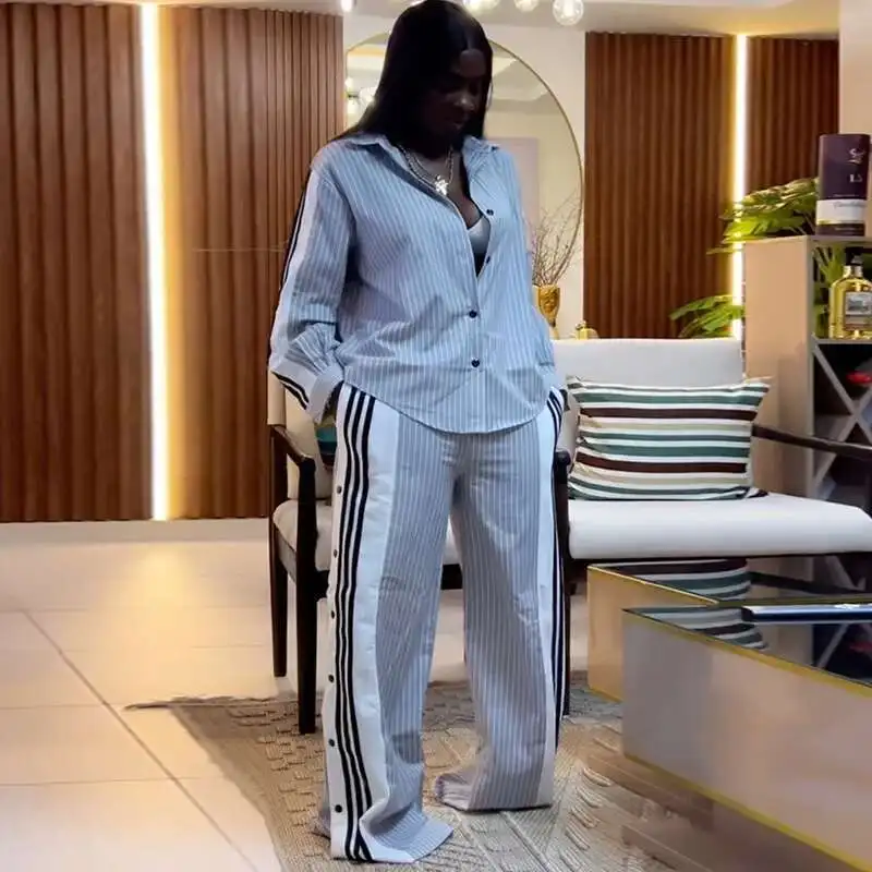 

Women's Clothing 2025 Summer New Fashion Lapel Striped Long Sleeve Shirt Wide Leg Pants Casual Set