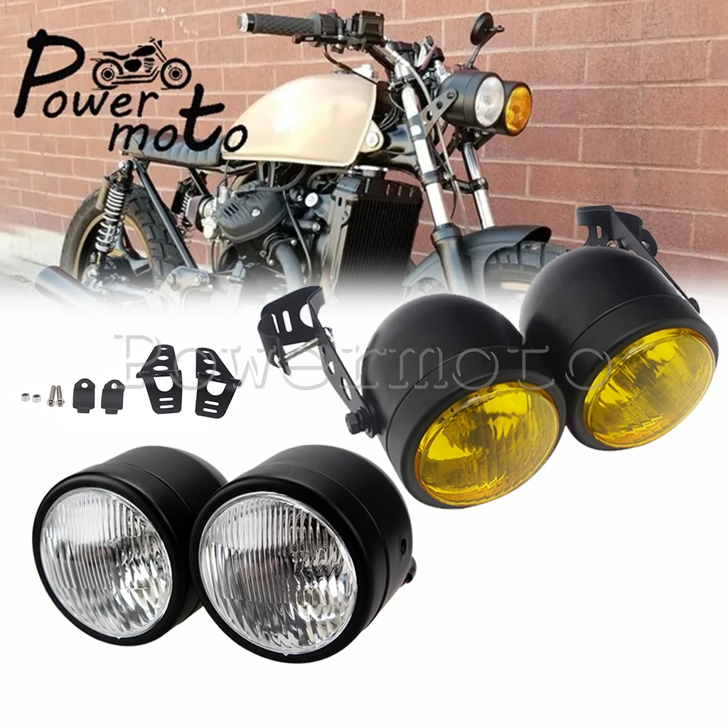 12V Amber Motorbike Custom Twin Dual Dominator Headlight Cafe Racer Double Headlamp for Honda Suzuki Yamaha Cafe Racer Scrambler