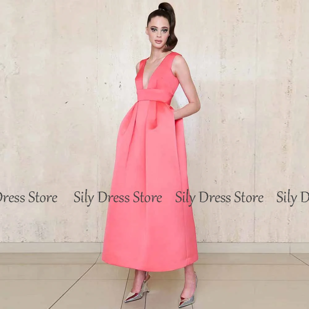 فساتين أم العروس البسيطة 2025 من الساتان على شكل حرف a فساتين حفلات الكوكتيل وردي وردي على شكل حرف v مطوي جيب فساتين سهرة نسائية #2