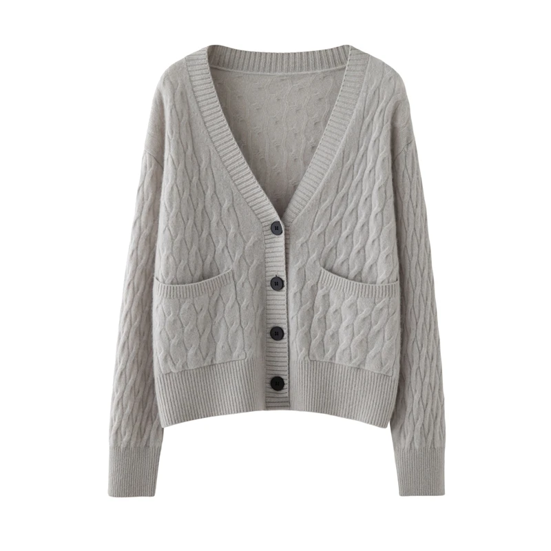 

2025 Luxury Women‘s 100% Cashmere Sweater V-neck Cardigan Cable Knitting Cashmere Knitwear Autumn Winter Grace Style Knit Tops