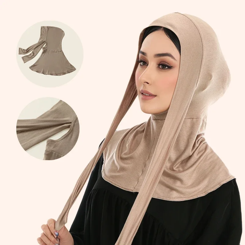 

Balaclava Inner Hijabs Women Solid Color Tie Back Elasticity Hijabs Full Cover Head Muslim Soft Cotton Jersey Turban Headscarf