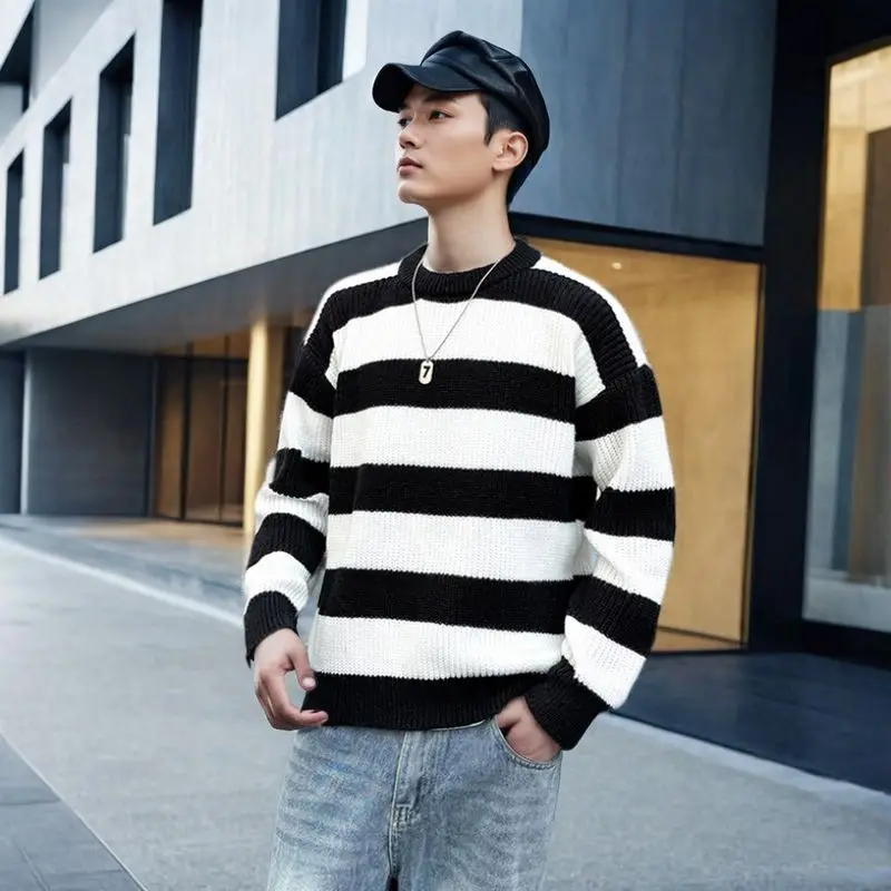 

Свободный мужской вязаный свитер, круглый пуловер, повседневный зимний модный цветной дизайн, дизайн в полоску для колледжа