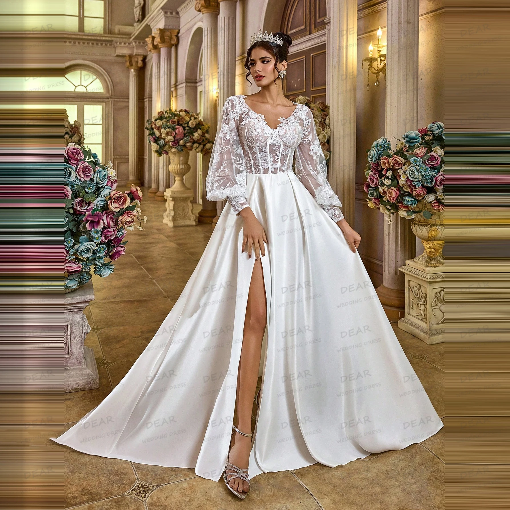

Gentle Woman's A Line 2025 Wedding Dresses Sexy Appliques Bridal Gowns Long Sleeve Satin High Split Vestidos De Novia Customized