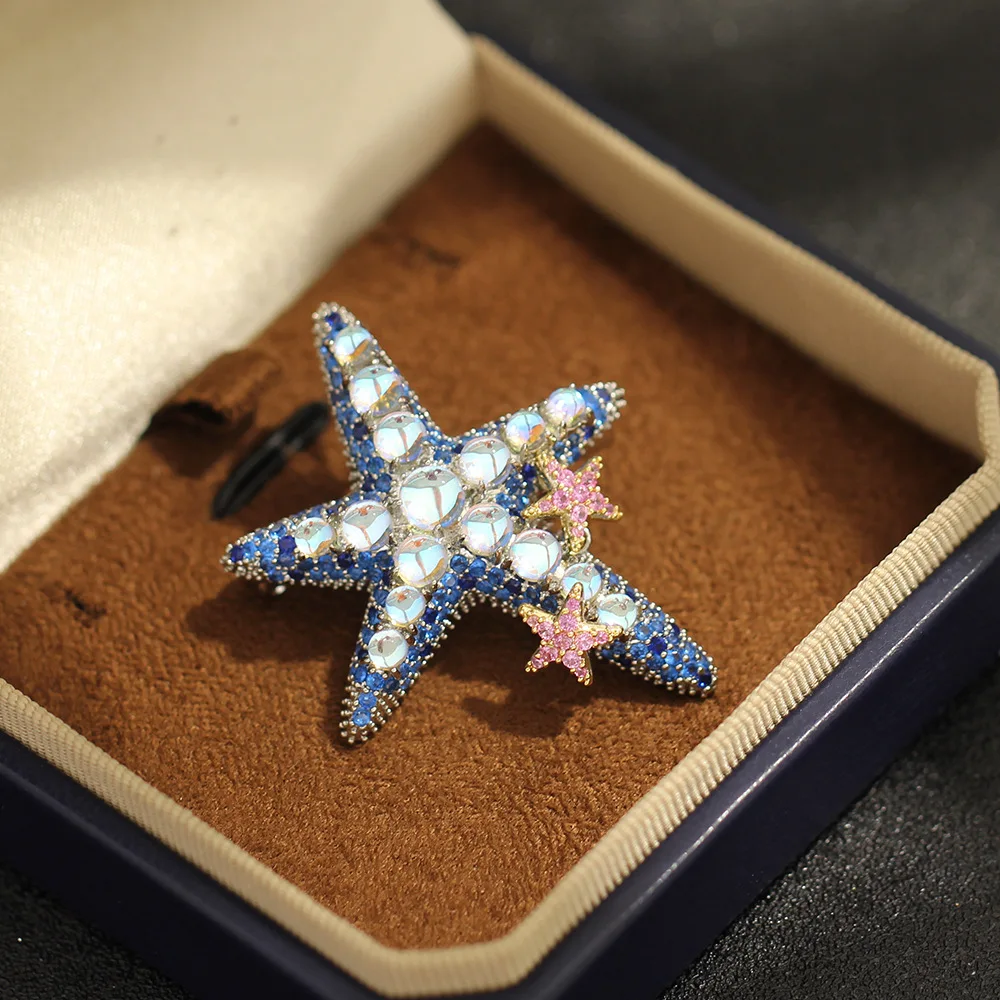 Luxury Blue Starfish Brooch Stone Inlay Ocean Animal Pin Convertible Pendant Unisex Gift