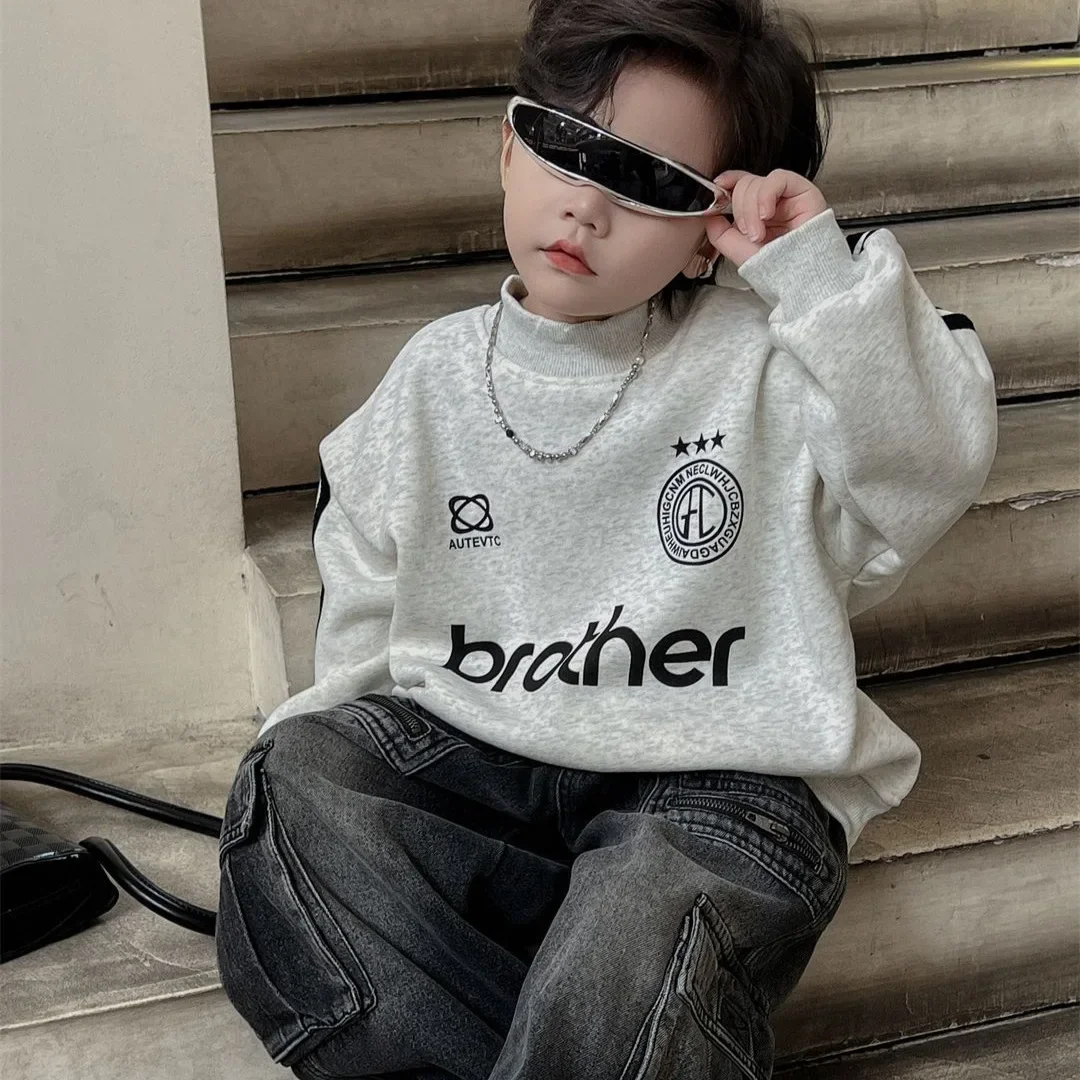 Children Clothing New Boys Fashion Design Sense Hoodie 2024 Winter Boys Handsome Fleece Thickened Top Letter Print Pullover