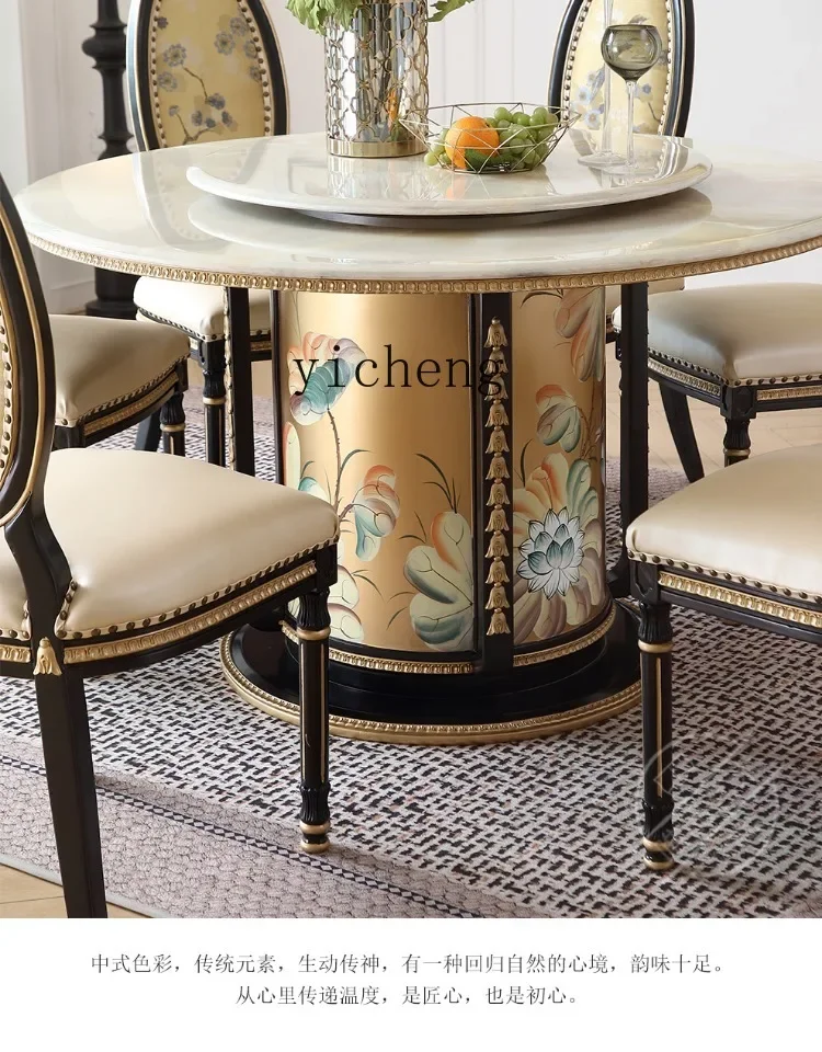 TQH Palace Style New Chinese Solid Wood Painted Luxury Villa with Turntable Marble Round Dining Table and Chairs