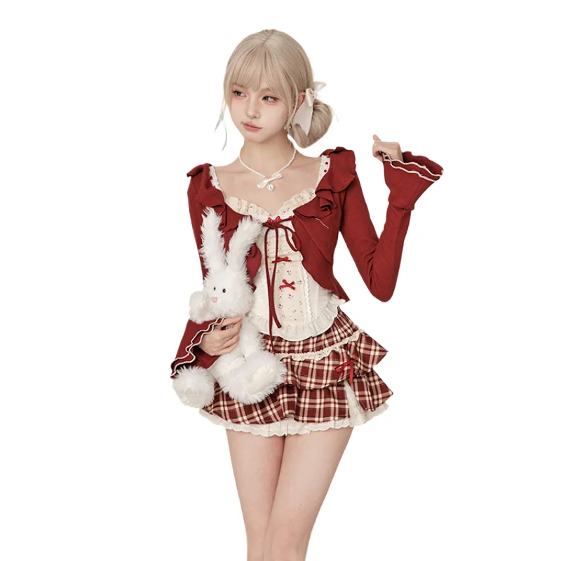 

Милый корейский стиль, модный сладкий комплект из трех предметов в стиле Лолиты, короткий кардиган с бантом, жилет с цветочным принтом, косплей Y2k, клетчатая мини-юбка-тортик