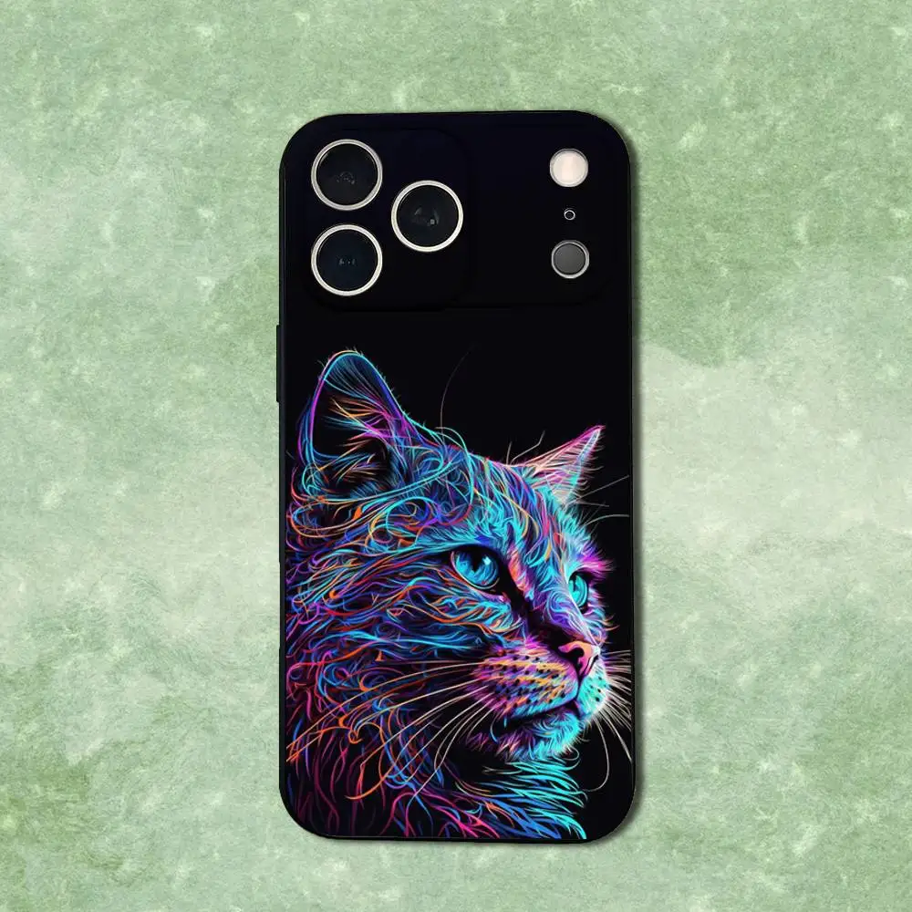 حافظة هاتف على شكل حيوانات فنية بخطوط ملونة لهاتف آيفون 14,13,17,12,11,16,15,Plus,Pro Max,XS,X,XR,SE,Mini,Soft غطاء أسود من السيليكون