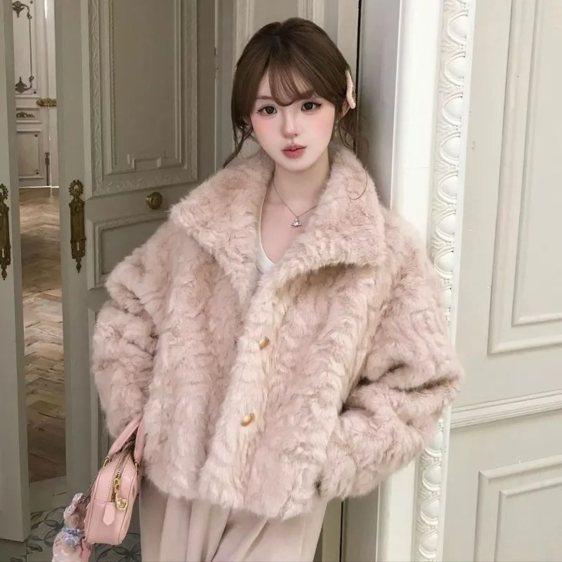 Women's 2026 Winter New Faux Fur Collar Lamb Wool Tweed Coat Thick Warm Elegant Chic Coquette Trendy Outerwear Top