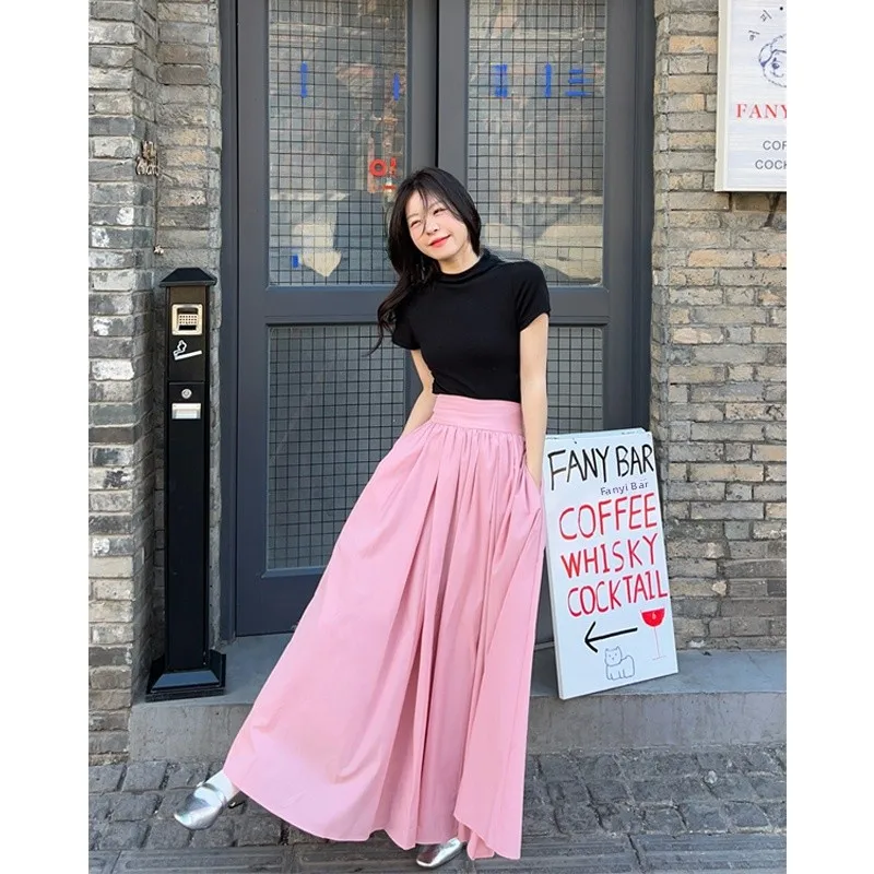 

Retro Gentle Pink Pleated f Skirt Women's Spring Faion Mid-Length High Waist A-Line Long Skirt Korean Sle Commute