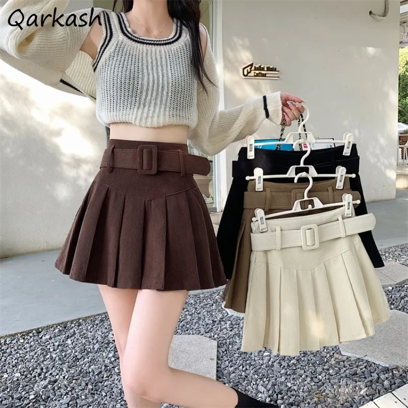 

Invisible Zipper Belt Corduroy Mini Skirts Women Chic Fashion Solid Simple Sexy Sweet All-match A-Line Young Streetwear New Ins