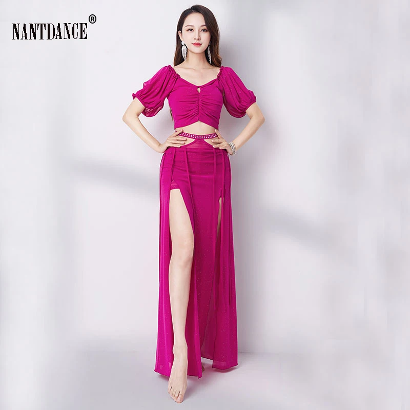 Belly Dance Practice Suit for Women Half Sleeves Top+Long Dress Set Beginner Oriental Dance Suit Performance Team Suit Girl