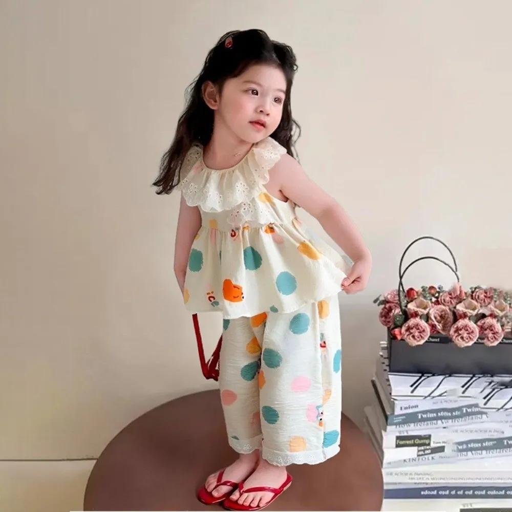 Korean Style With Floral Print Tops and Pants 2 Piece Set Thin Casual Outfit Lace Collar Sleeveless Girls Clothes Sets Princess
