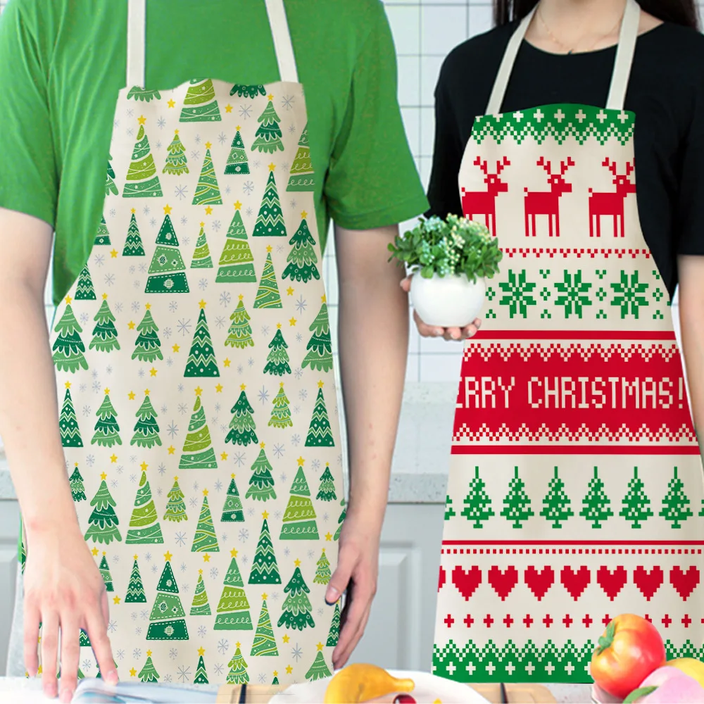 Nordic Style Christmas Kitchen Apron Xmas Tree Deer Printing Brief Adult Apron Kitchen Baking Cooking Accessories Bib Aprons