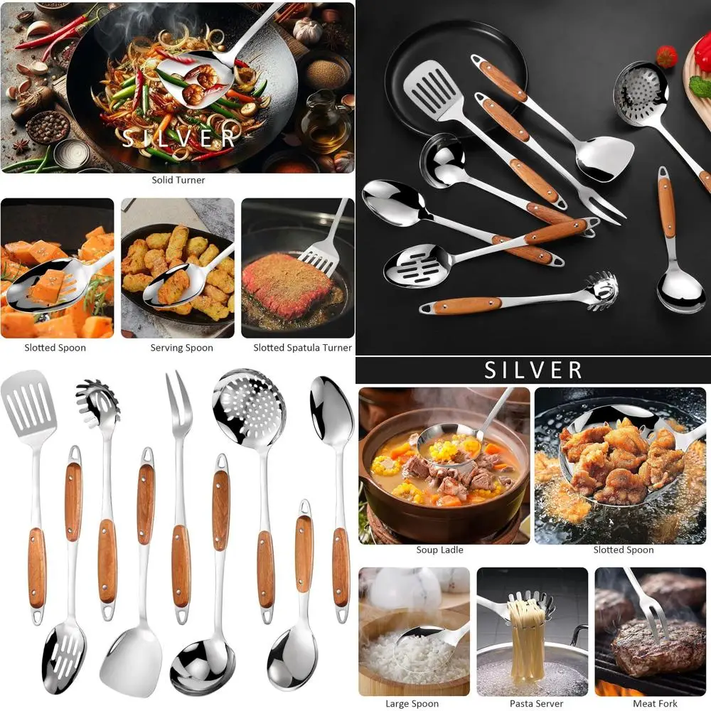 

9-Piece Stainless Steel Kitchen Utensil Set with Wooden Handles: Solid Spoon, Spatula, Ladle, Skimmer, Spaghetti Spoon, Dishwash
