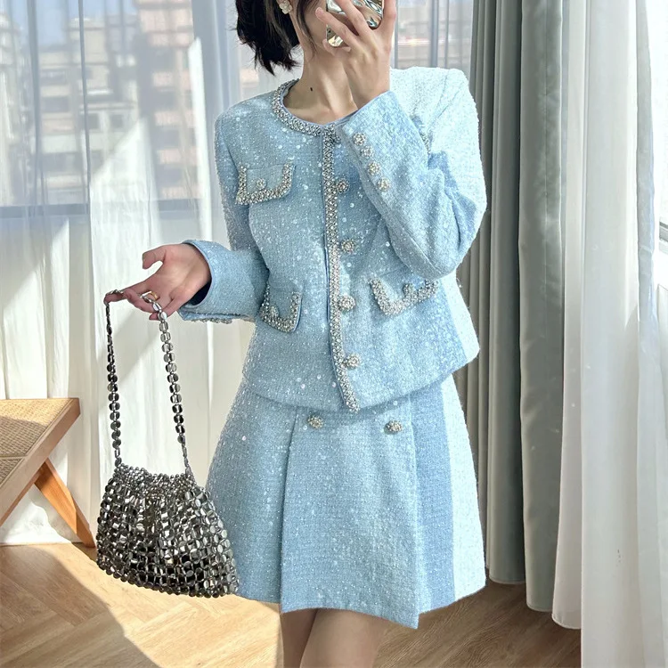 

Luxury Evening Short Dresses 2 Piece Skirt Sets Women Sequins Tweed Jackets A Line Mini Skirts Suits 2pcs Outfit Office Lady