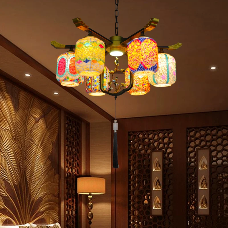 

Chinese retro chandelier colored handmade glass restaurant light beauty salon club South East Asia style bed and breakfast decor