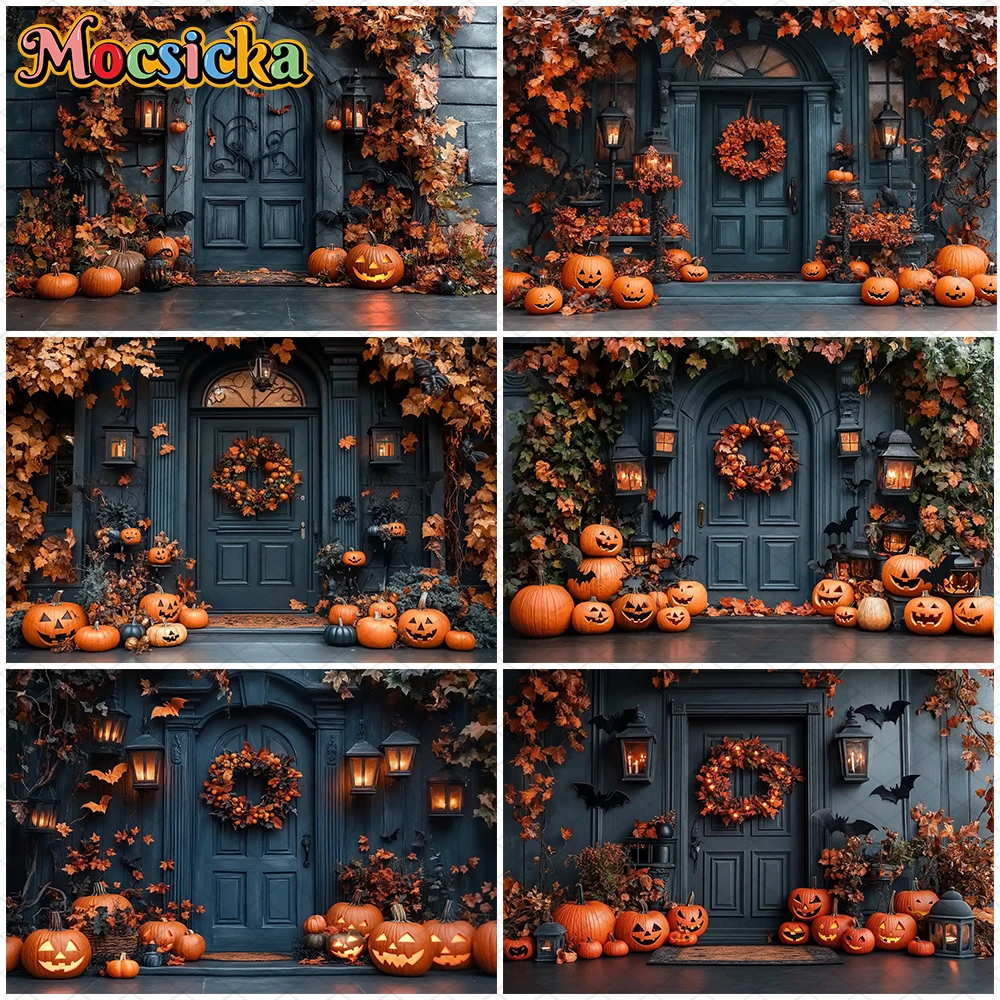 

Mocsicka Halloween Photography Background House Door Bat Autumn Yellow Leaf Fall Pumpkin Party Decorations Child Photo Backdrops