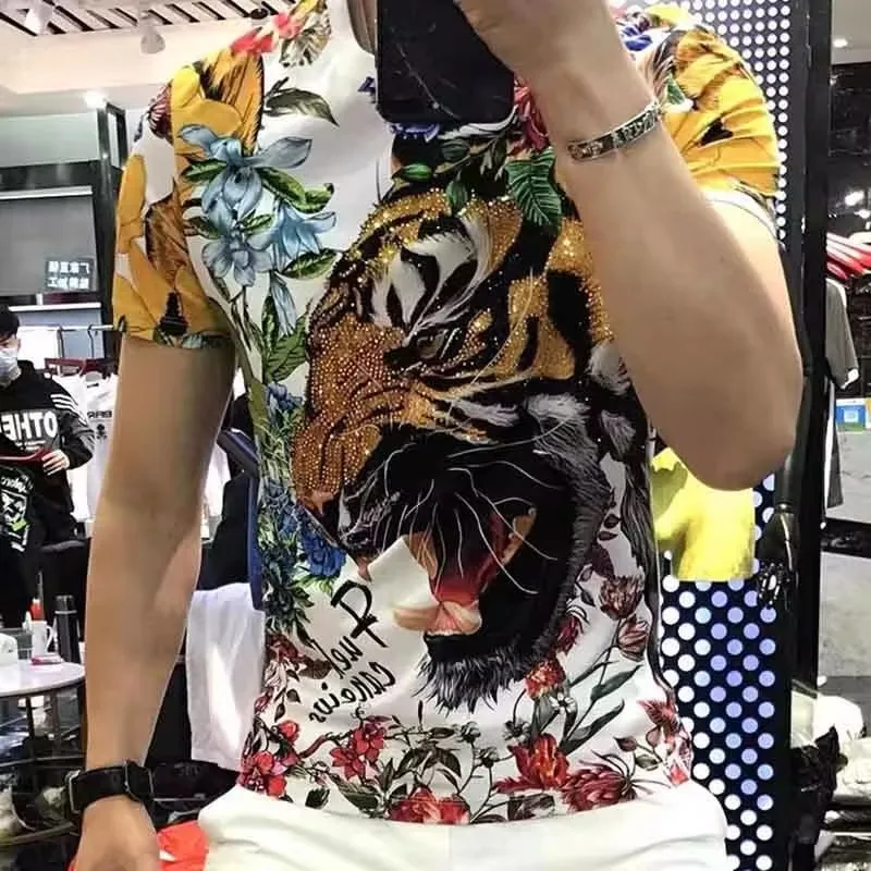 2024 Summer New European Station Tiger Hot Diamond T-Shirt Trend Retro Slim Sports Versatile Short Sleeve T-Shirt