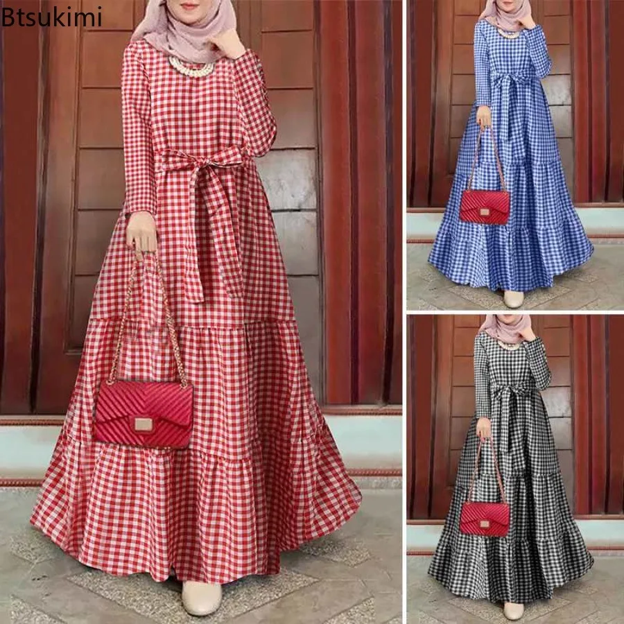 New Muslim Maxi Dress for Women Dubai Abayas Hijab Elegant Long Sleeve Plaid Lace-up Sundress Ladies Casual Party Robe Vestidos