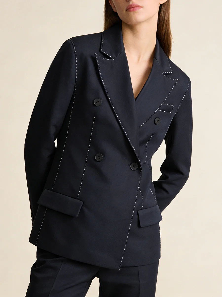TWOTWINSTYLE Navy Business Meetings Women's White Topstitch Trim Blazers Double Breasted Design Lapel Blazer for Office Commute