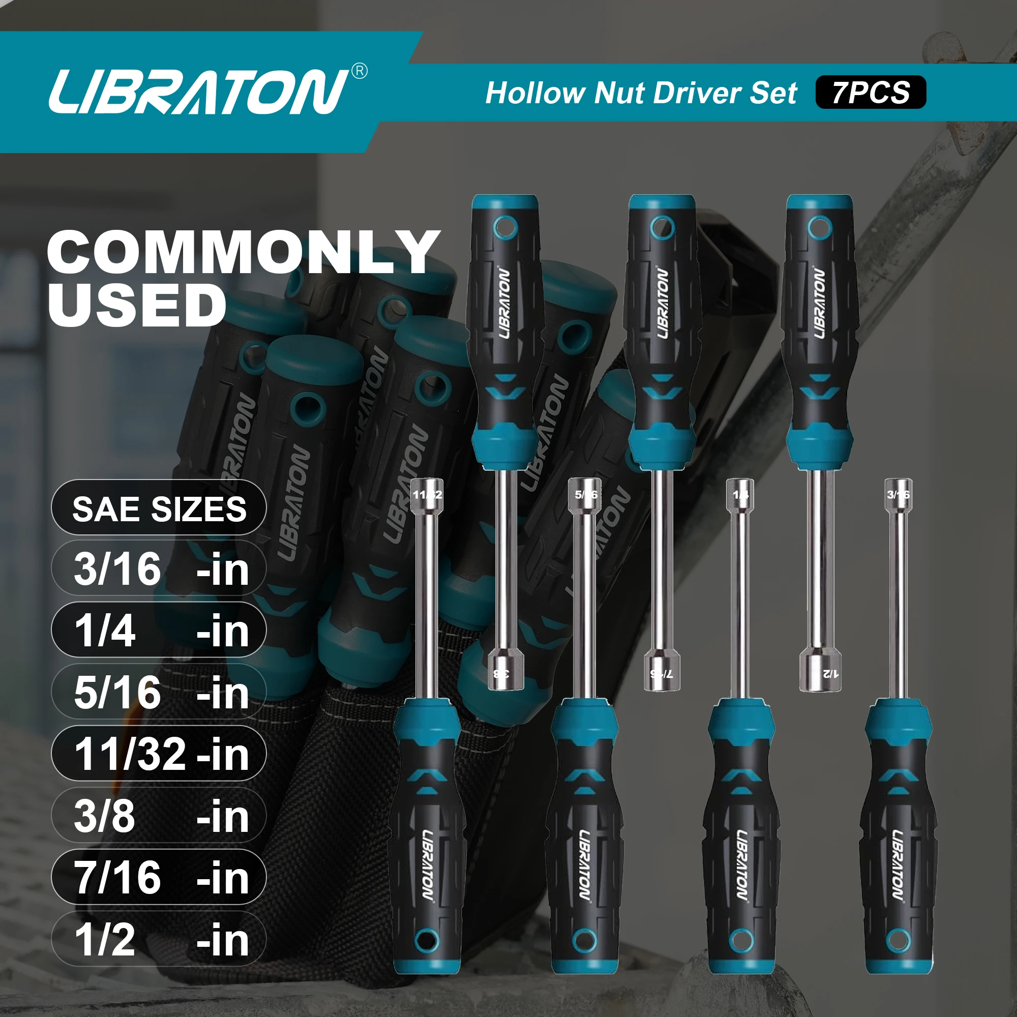 Libraton Hollow Nut Driver Set SAE, Magnetic Hex Nut Drivers,7-Pieces Standard Sizes 3/16, 1/4, 5/16, 11/32, 3/8, 7/16, 1/2 Inch