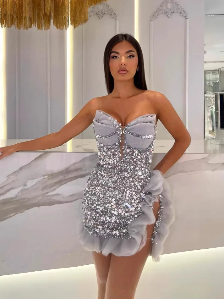 

2025 Luxury Women Celebrity Sexy Off Shoulder Sparkly Sequins Silver Ruffles Dress Elegant Evening Party Club Vestido