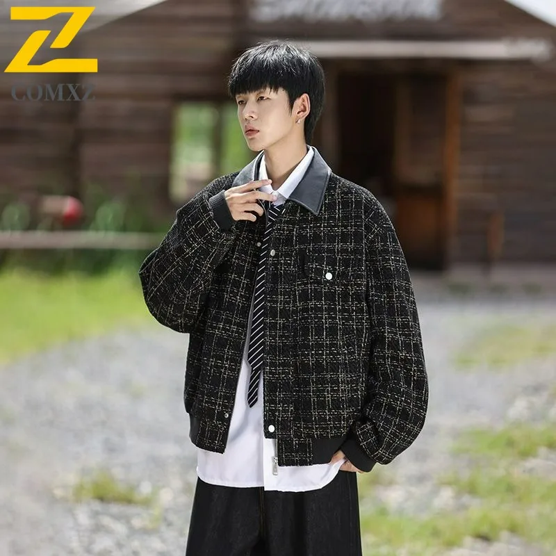 

COMXZ 2025 Mens Autumn Jacket Plus Size Houndstooth Lapel Elegant Coat Oversized Classic Style Outerwear Lightweight