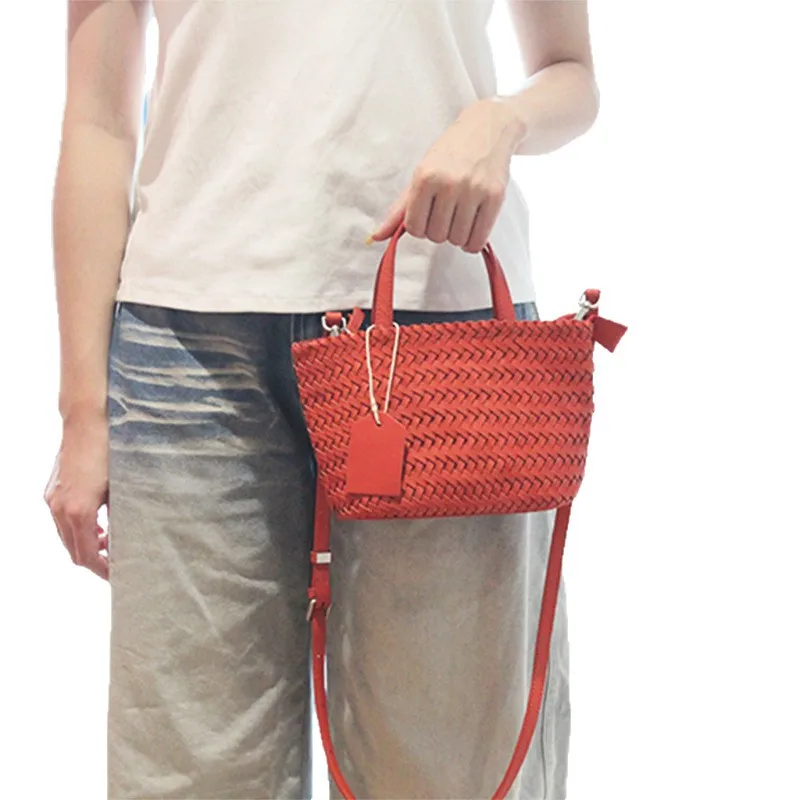 2026 New Arrival Handcrafted Women's Genuine Leather Basket Crossbody Bag with a High-End Knitted Square Design
