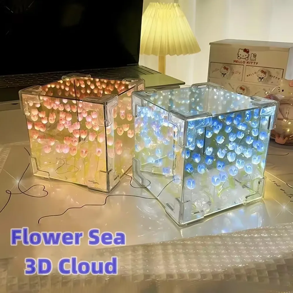 DIY 3D 구름 튤립 LED 야간 조명, 꽃 바다 거울 테이블 램프, 침실 장식, 장식 거울 테이블 램프, 침대 옆 선물