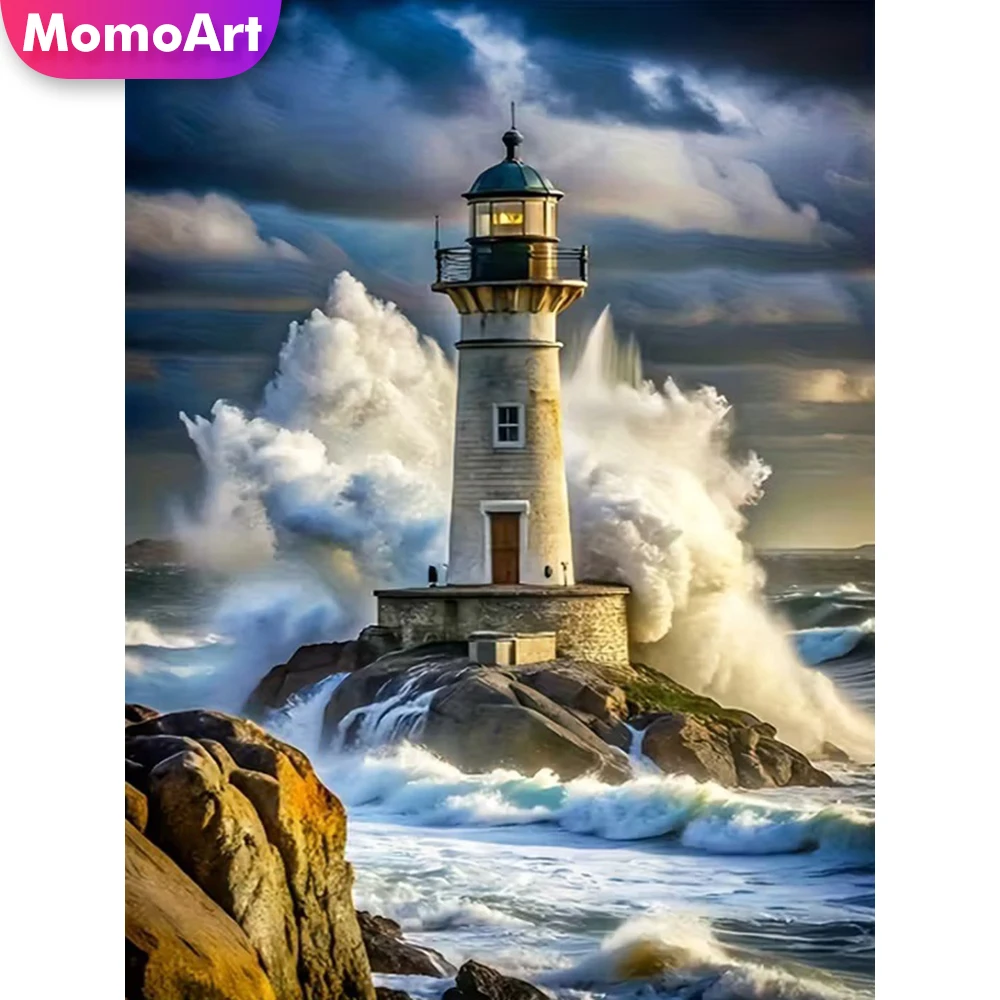 Momoart DIY Leuchtturm Diamant-Stickerei Landschaft Acryl-Bastelbedarf Diamantmalerei Küsten-Mosaik Handgemachtes Geschenk