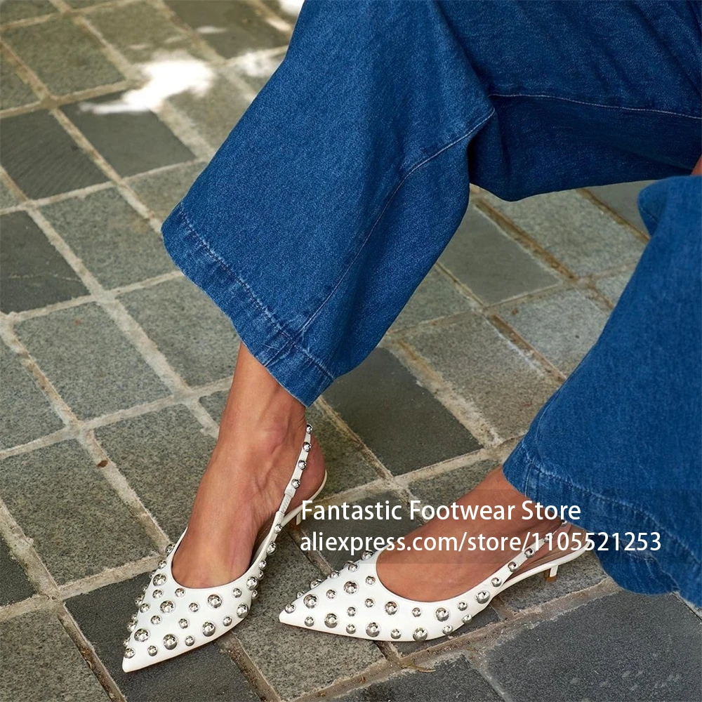 

Silver Stud Embellished Slingback Pumps Pointed Toe Pu Leather Sexy High Heels Designer style women's metallic beaded stilettos
