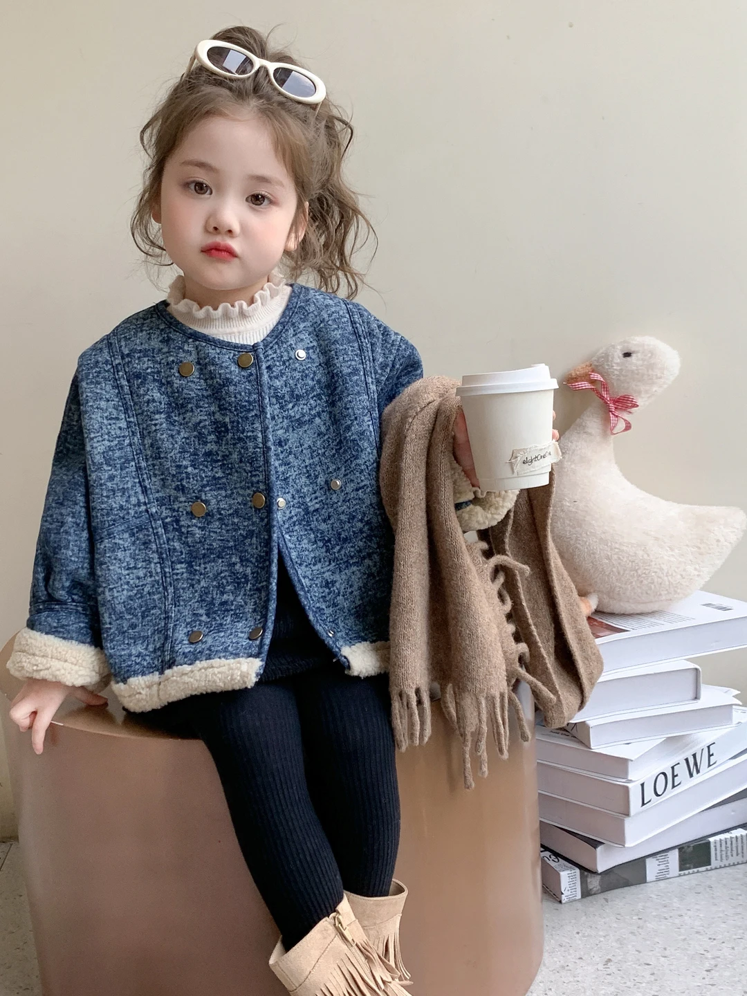 

Thiened Fce Children's Denim Jaet Winter Snowflake Pattern Casual Sle Girls' Top Stand Fit Long Sve Button Clo...