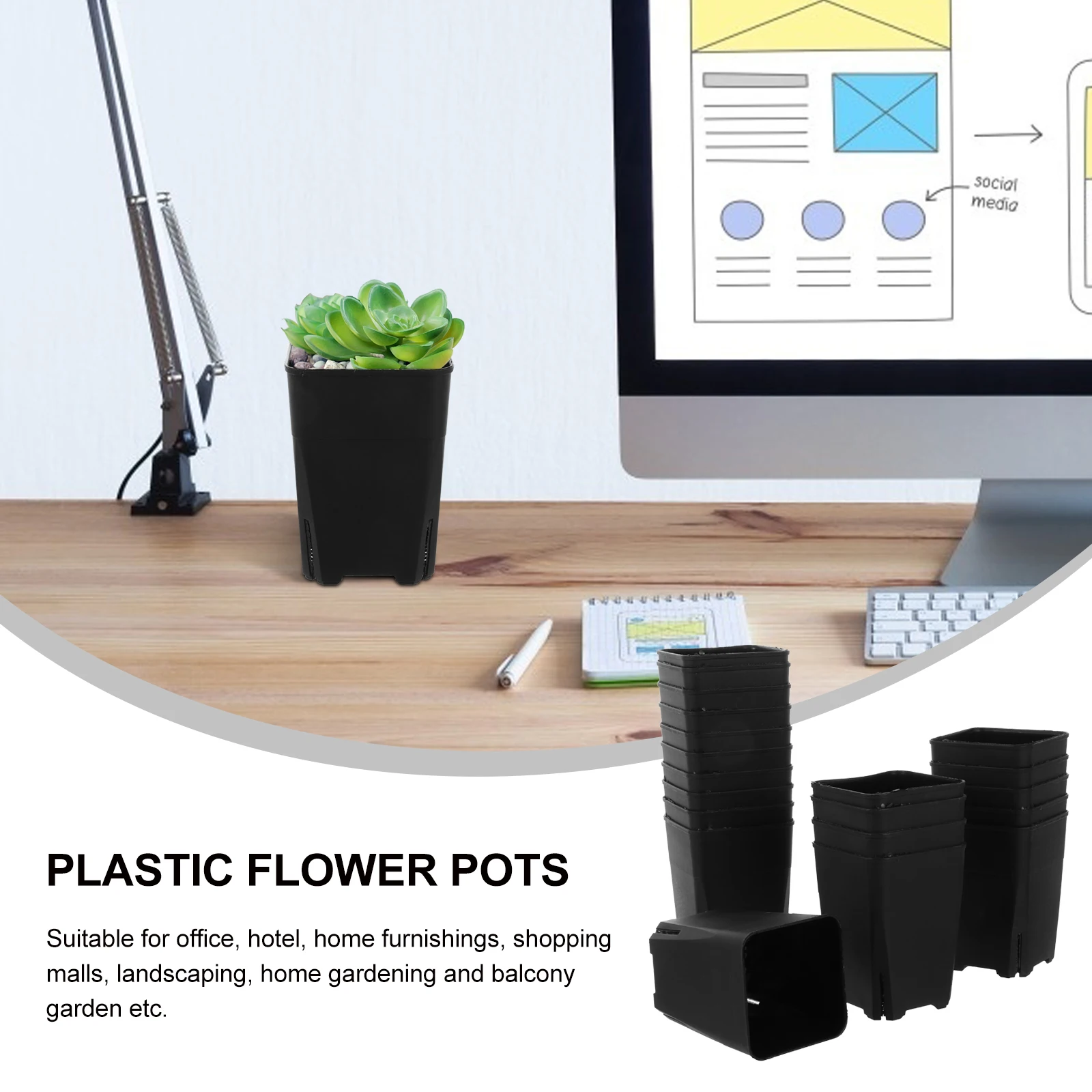 

20pcs Plastic Flower Pots Light Corrosion Durable Water Saving Balcony Garden Indoor Plastic Flower Pots Black