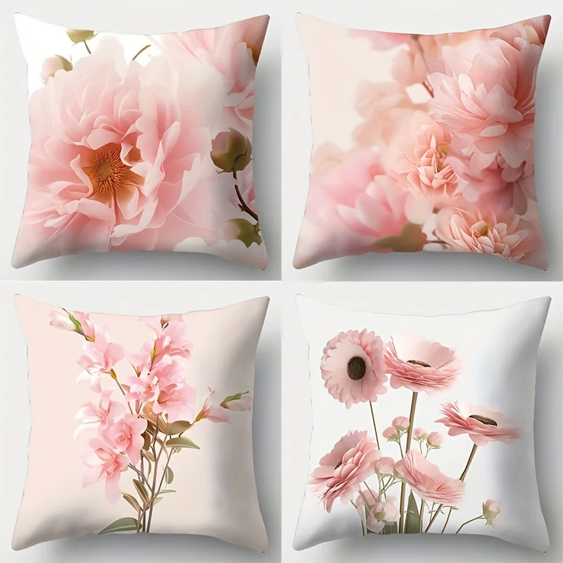 Pink Floral Print Pillowcase Covers 100% Polyester Design for Living Room Sofa Decoration Satin Fabric Cushion Cover