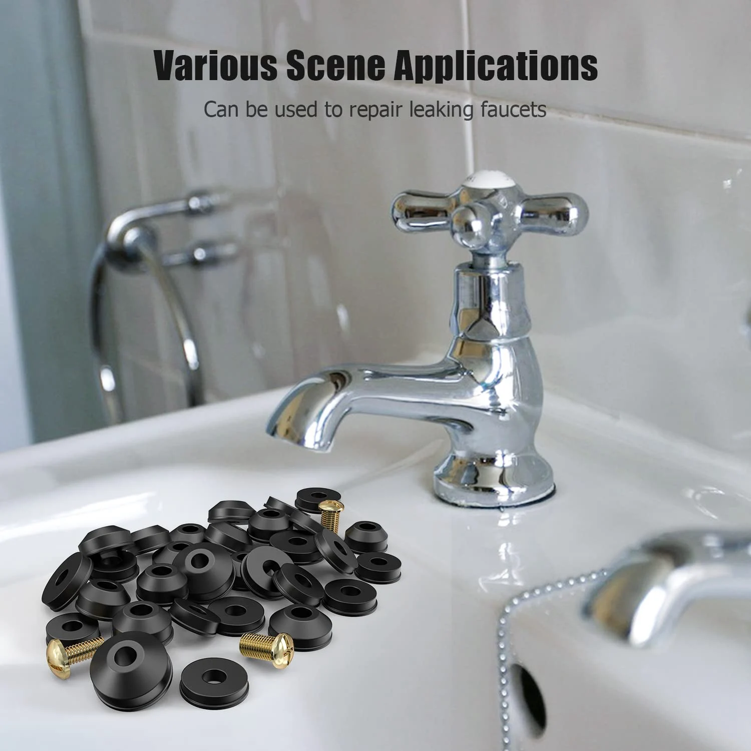 Faucet Washers, 58-Pack Flat and Beveled Rubber Faucet Washers and Brass Bibb Screws Assortment Replacement KitJAS