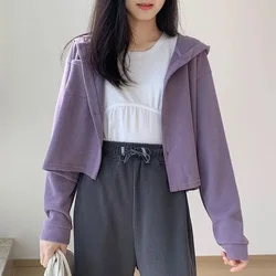 Lässige graue kurze Strickjacke Mäntel Frauen koreanischen Stil lose Langarm Hoodies Frau Mode Streetwear Taschen lila Tops