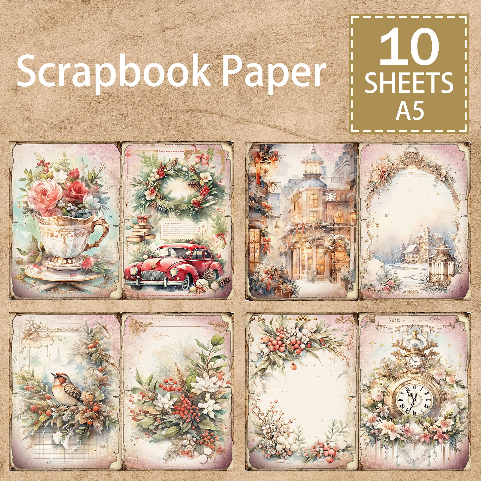 

10 Sheets A5 Size Christmas Clock Bow Train Scene Vintage Grunge Journal Planning Scrapbooking