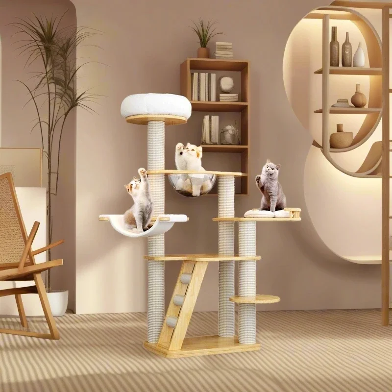 Pet Cat Product Tall Modern Wood Multi-level Cat Tower Wood Cat Tree