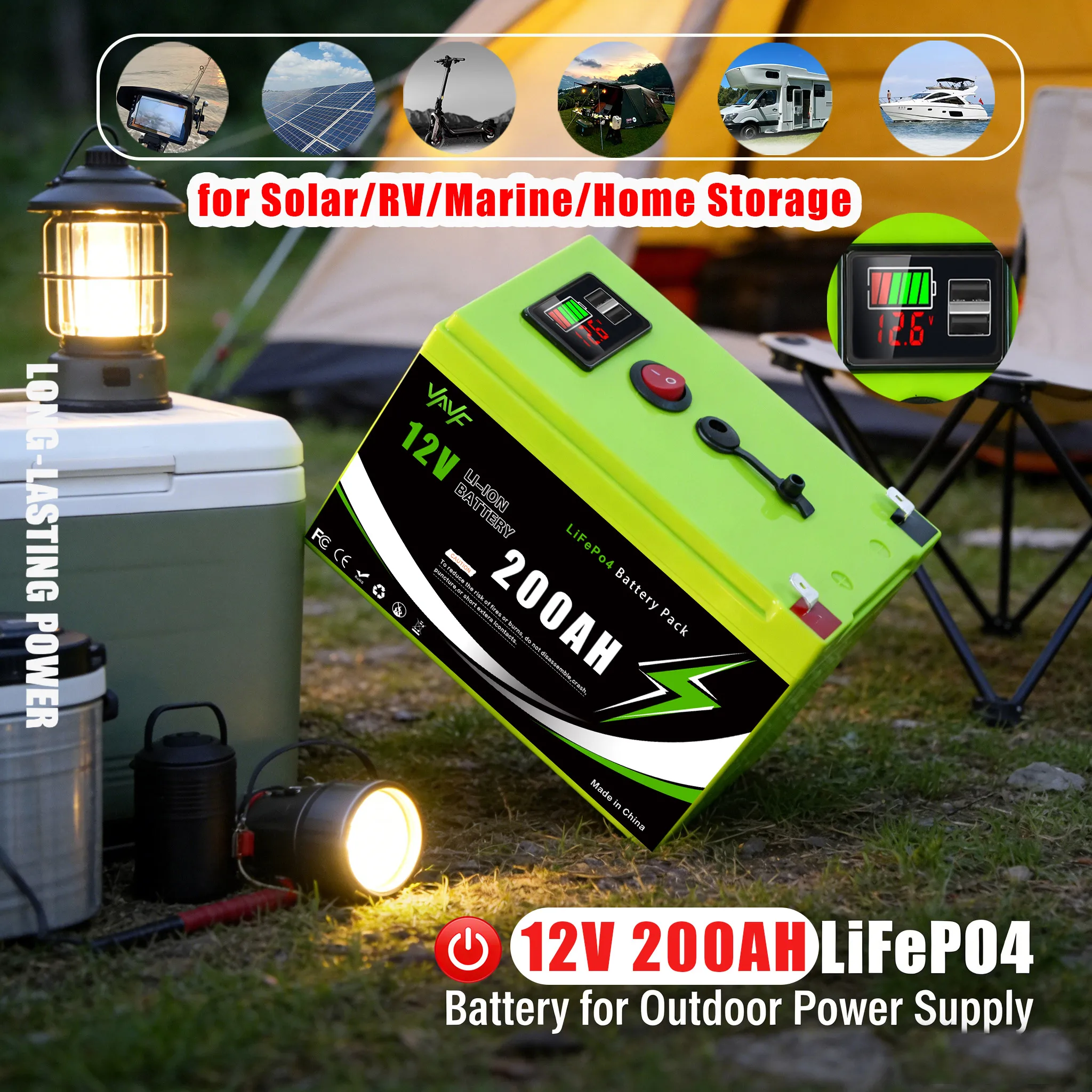 

LiFePO4 Battery Solar Battery 12V200AH Lithium with SmartBMS for Solar Energy StorageRecreational Vehicles, and Marine Use
