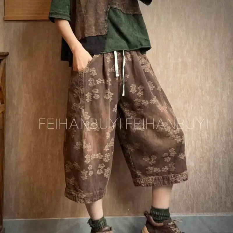 

2026 New Summer Arts Style Women Elastic Waist Cotton Denim Calf-length Pants Loose Casual Vintage Jacquard Jeans High Quality