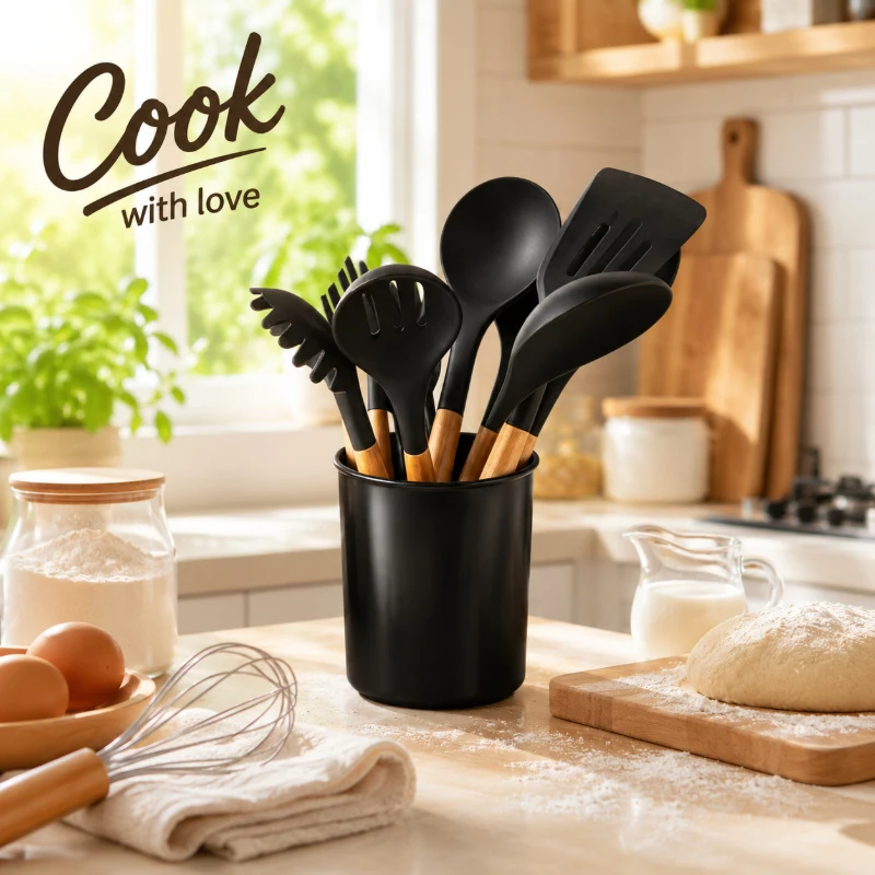 12Pcs Non‑Stick Silicone Kitchen Utensils Set with Wooden Handles, Durable Cooking Gadgets Packaged in Portable Color Gift Box