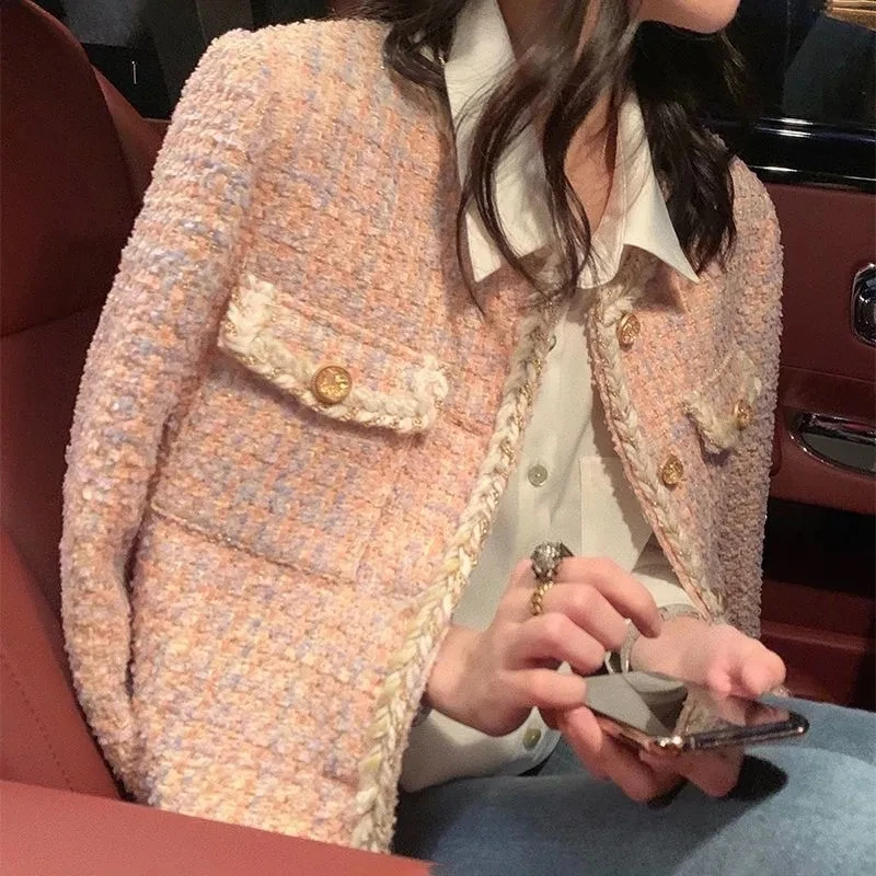 Chaqueta de Tweed de manga larga para mujer, abrigo corto de un solo pecho, prendas de vestir exteriores elegantes, Tops de alta calidad, primavera y otoño, novedad de 2023