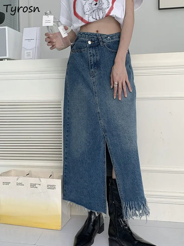

Midi Skirts Women Tassel Design Denim Faldas Ulzzang Retro Loose All-match Casual Holiday Summer Ladies Empire Stylish Tender