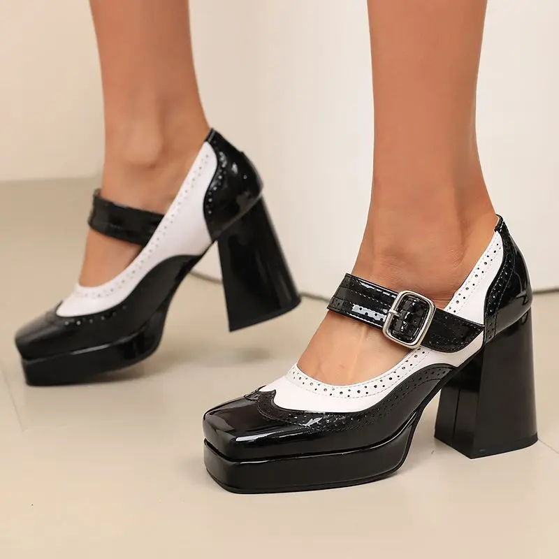 

REAVE CAT Shiny Female Pumps Square Toe Chunky Heels 9.5cm Platform 2cm Buckle Strap Mixed Color Big Size 47 48 Mary Janes Shoes