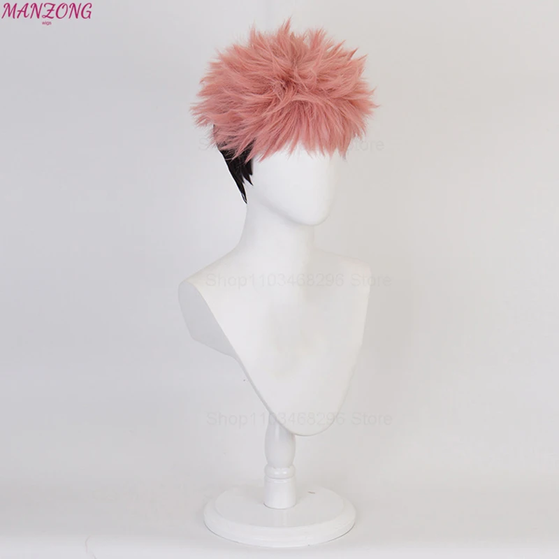 Peluca de Cosplay de Anime Itadori Yuji, pelo corto, rosa de seda de alta temperatura, pelucas de malla interior + gorro de peluca